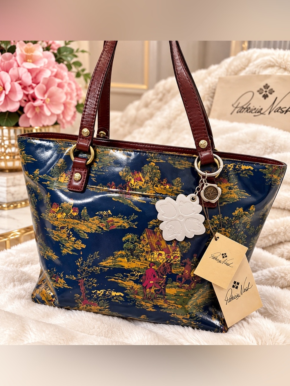Patricia Nash Navy Scenic Print Tote Bag with Bag Charms